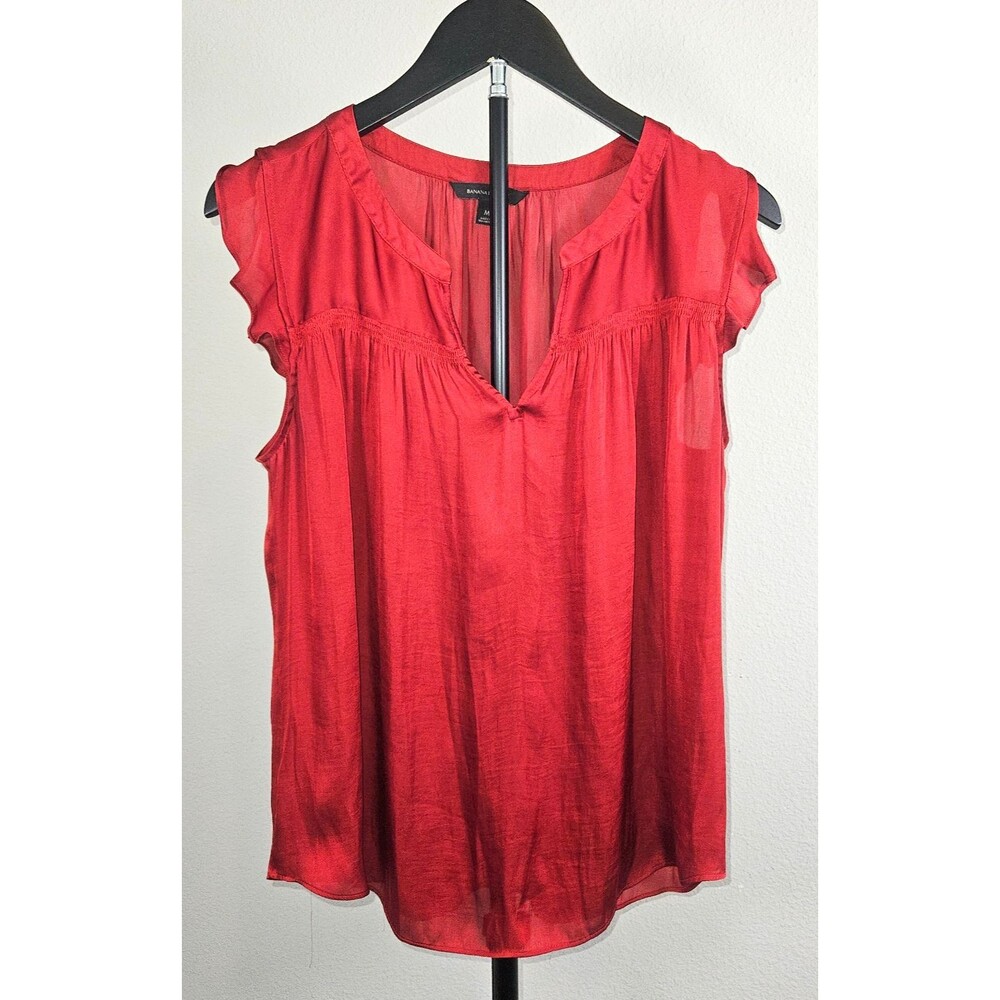 Banana Republic Red Satin Blouse Womens Medium Flutter Sleeve Sheer Career Top